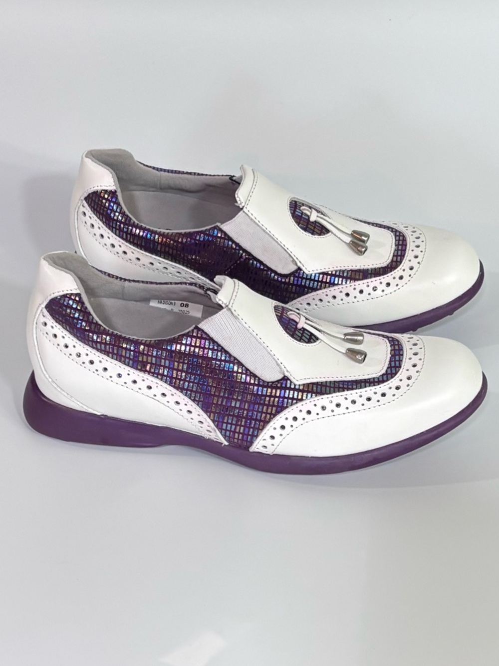 Womens White and Purple Metallic Slip-On Golf Shoes 8